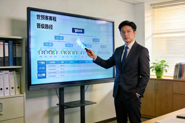 分析师正在大屏幕前讲解世预赛赛程与晋级路径