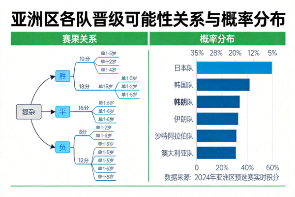 展示亚洲区各队晋级可能性的复杂赛果关系图与概率分布图